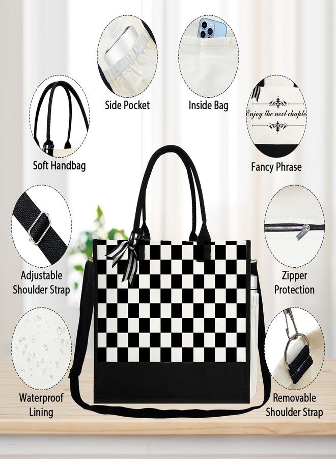 JOJHDR Phrase Canvas Beach Bag,Zipper and Slide Pockets,Bag Shoulder Strap and Bottom Support,Bridesmaids Gift,Casual Business Briefcase,Perfect Gifts for Birthday and Teacher （Checkerboard） - Image 2
